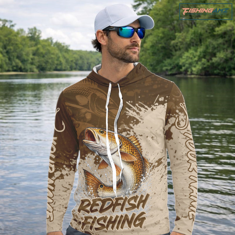 Personalized Redfish Long Sleeve Hooded Fishing Shirts Brown Camo, Redfish Fishing Shirts For Men NBT397