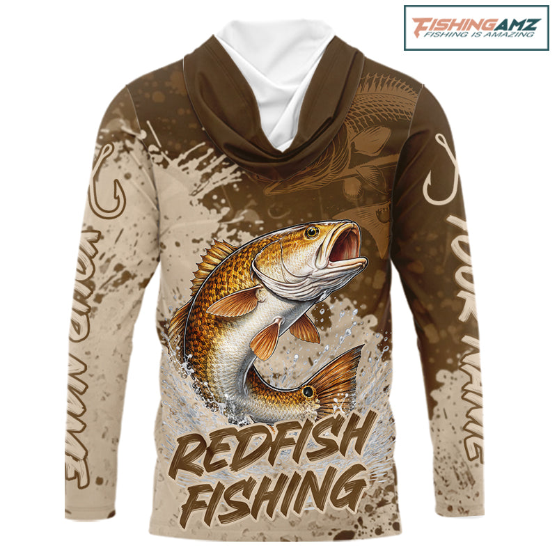 Personalized Redfish Long Sleeve Hooded Fishing Shirts Brown Camo, Redfish Fishing Shirts For Men NBT397
