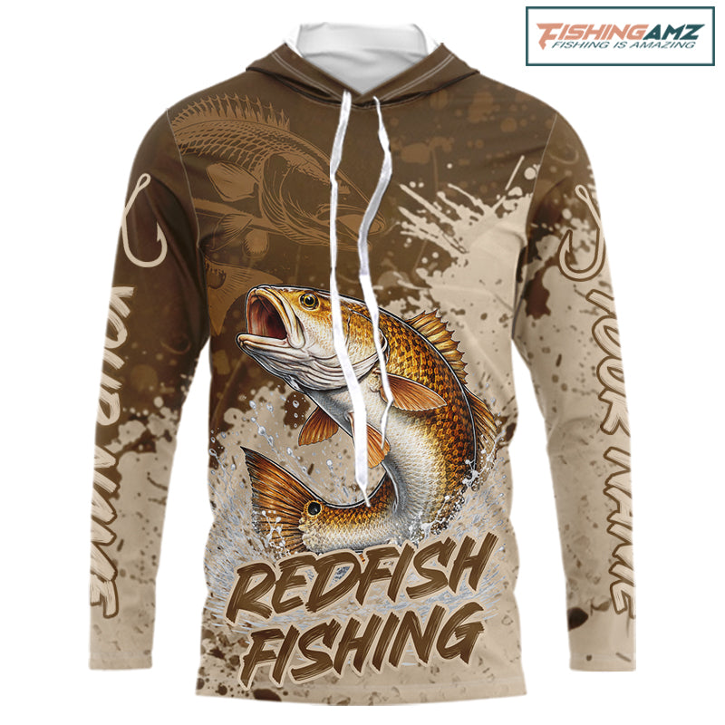 Personalized Redfish Long Sleeve Hooded Fishing Shirts Brown Camo, Redfish Fishing Shirts For Men NBT397