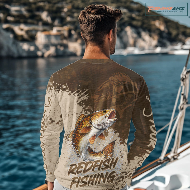 Personalized Redfish Fishing Shirts Long Sleeve Brown Camo, Redfish Fishing Shirts For Men NBT397