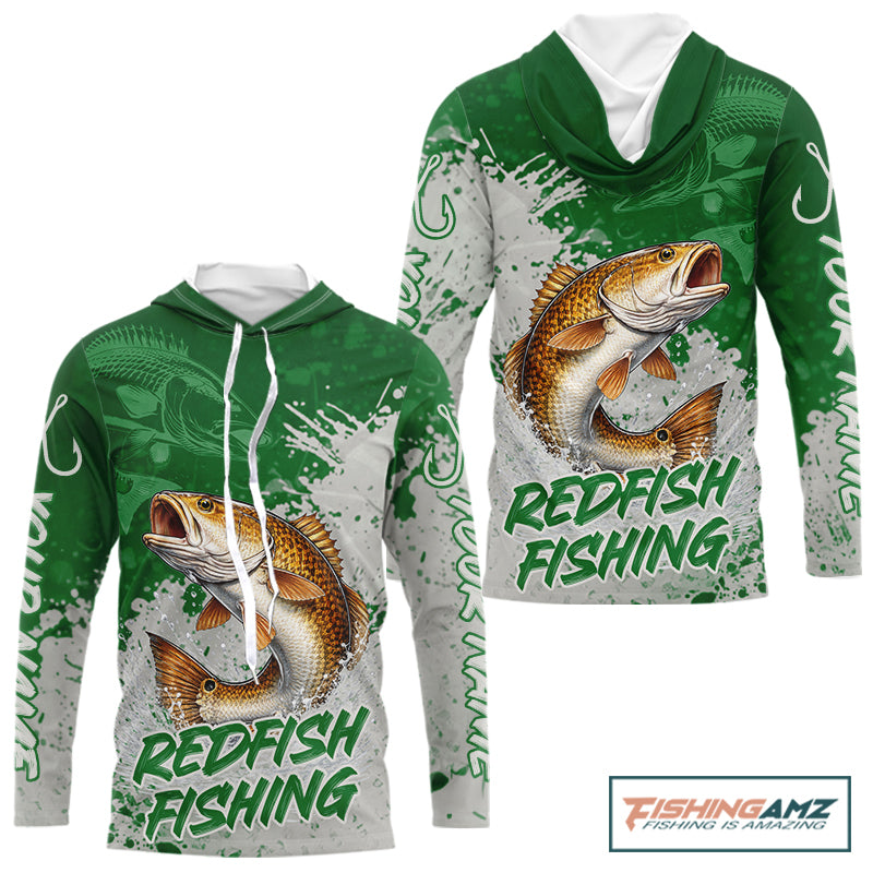 Personalized Redfish Long Sleeve Hooded Fishing Shirts Green Camo, Redfish Fishing Shirts For Men NBT398