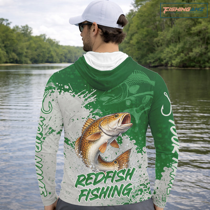 Personalized Redfish Long Sleeve Hooded Fishing Shirts Green Camo, Redfish Fishing Shirts For Men NBT398