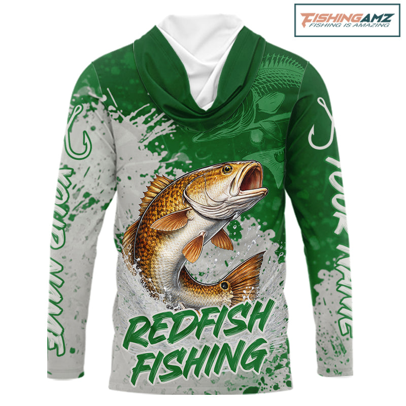 Personalized Redfish Long Sleeve Hooded Fishing Shirts Green Camo, Redfish Fishing Shirts For Men NBT398