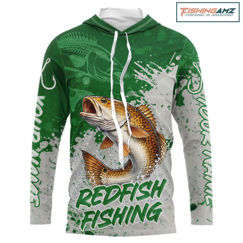 Personalized Redfish Long Sleeve Hooded Fishing Shirts Green Camo, Redfish Fishing Shirts For Men NBT398