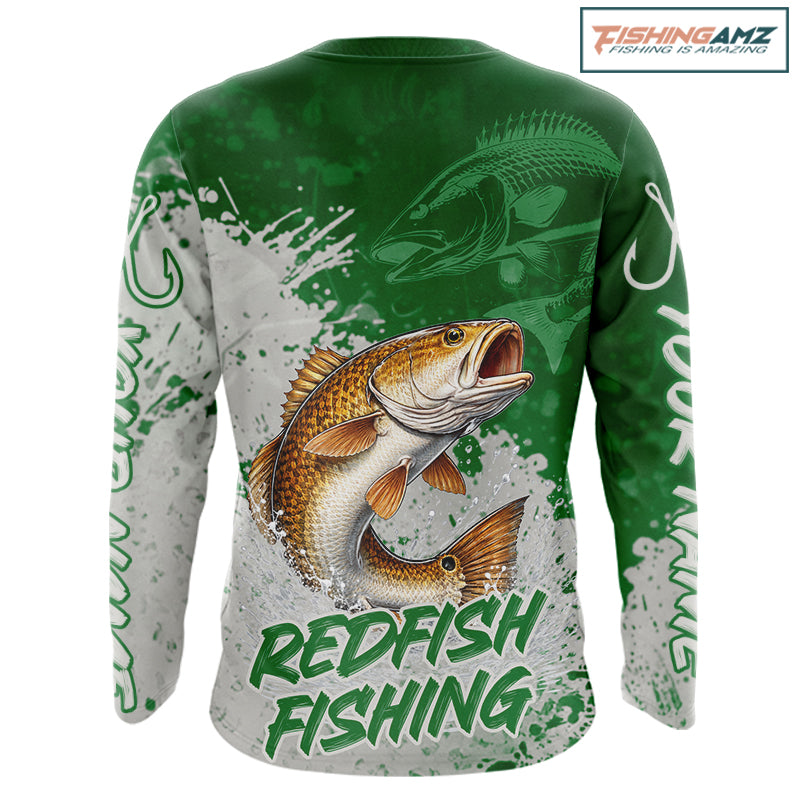 Personalized Redfish Fishing Shirts Long Sleeve Green Camo, Redfish Fishing Shirts For Men NBT398
