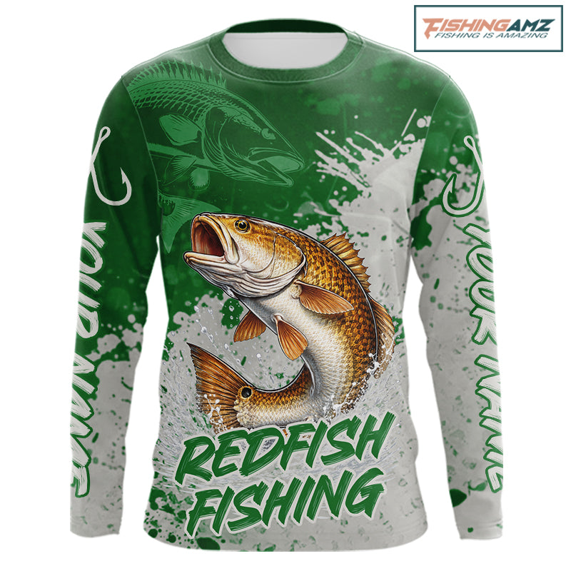 Personalized Redfish Fishing Shirts Long Sleeve Green Camo, Redfish Fishing Shirts For Men NBT398