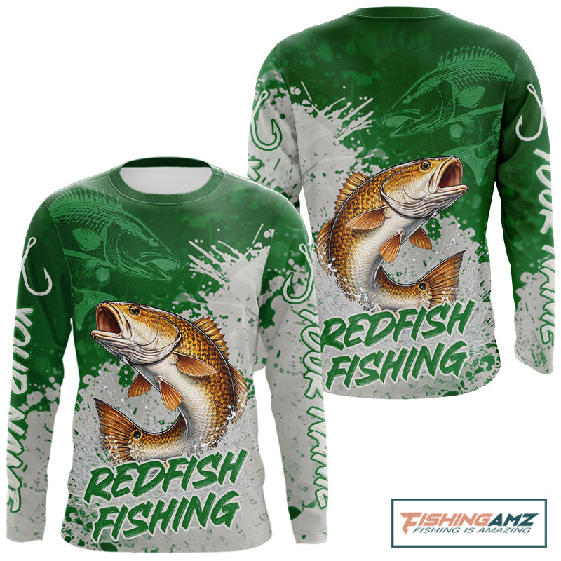 Personalized Redfish Fishing Shirts Long Sleeve Green Camo, Redfish Fishing Shirts For Men NBT398