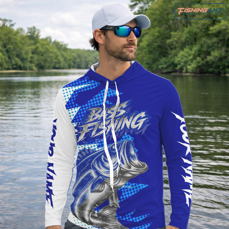Personalized Bass Fishing Shirts, Bass Long Sleeve Hooded Fishing Shirts, Fishing Tournament Shirts NBT437