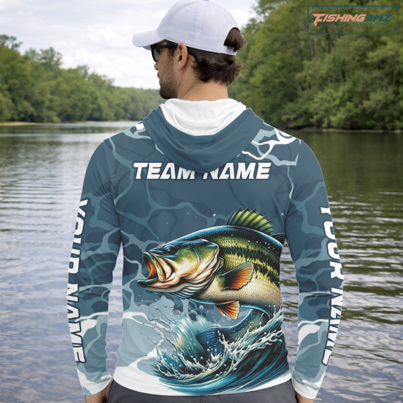 Custom Largemouth Bass Long Sleeve Hooded Tournament Fishing Shirts, Team Bass Fishing Jerseys NBT696