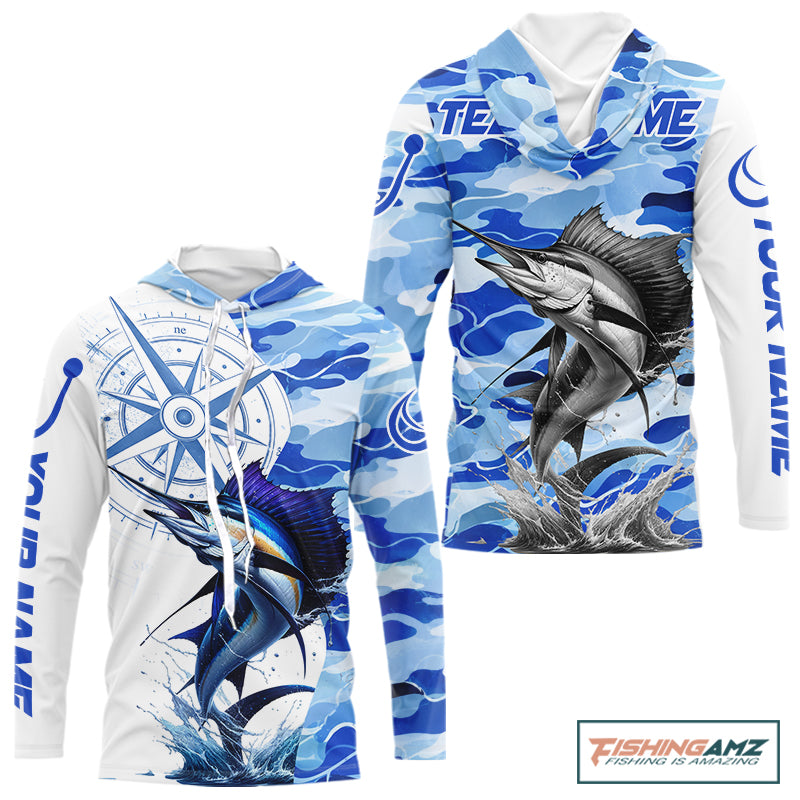 Custom Blue Camo Saltwater Sailfish Long Sleeve Hooded Fishing Shirts, Offshore Fishing Shirt NBT794