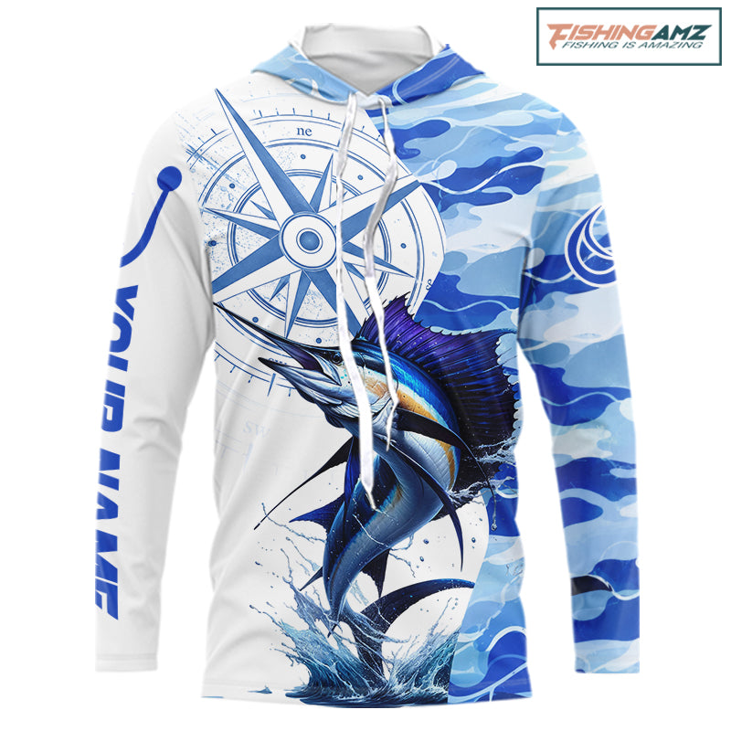 Custom Blue Camo Saltwater Sailfish Long Sleeve Hooded Fishing Shirts, Offshore Fishing Shirt NBT794