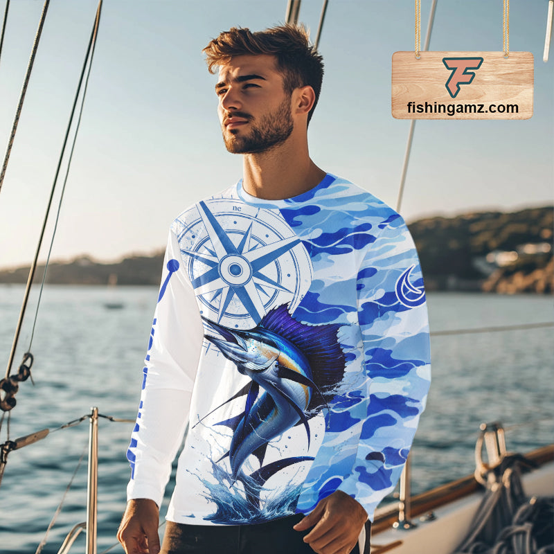Custom Blue Camo Saltwater Sailfish Fishing Shirts Long Sleeve, Offshore Fishing Shirt NBT794