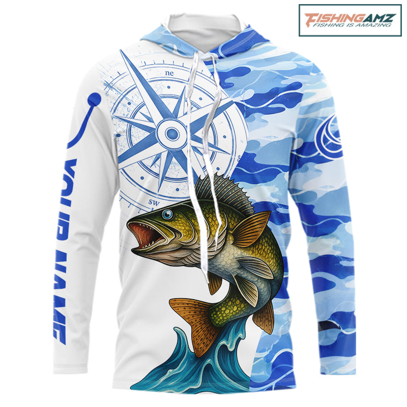 Custom Blue Camo Walleye Long Sleeve Hooded Fishing Shirts, Team Fishing Jerseys NBT795