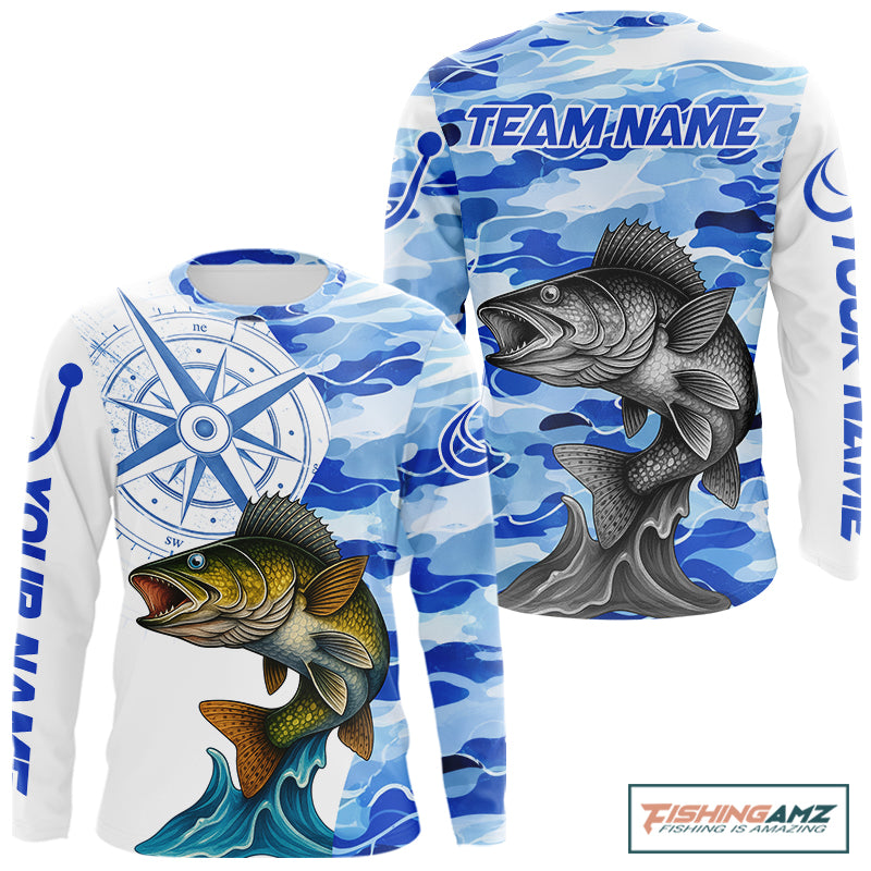 Custom Blue Camo Walleye Fishing Shirts Long Sleeve, Team Fishing Jerseys NBT795