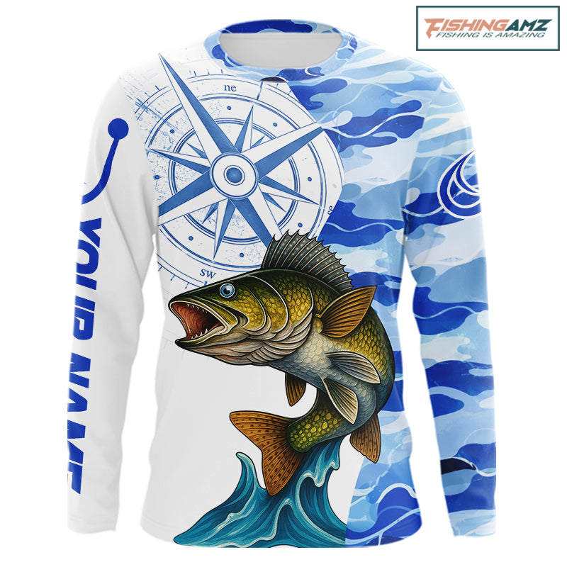 Custom Blue Camo Walleye Fishing Shirts Long Sleeve, Team Fishing Jerseys NBT795