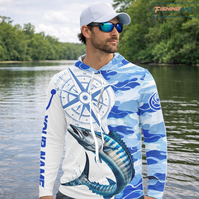 Custom Blue Camo Saltwater Wahoo Long Sleeve Hooded Fishing Shirts, Offshore Fishing Shirt NBT796