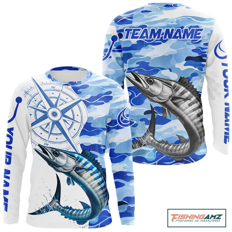 Custom BLue Camo Saltwater Wahoo Fishing Shirts Long Sleeve, Offshore Fishing Shirt NBT796
