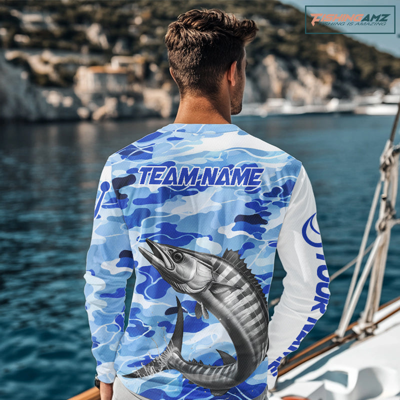 Custom BLue Camo Saltwater Wahoo Fishing Shirts Long Sleeve, Offshore Fishing Shirt NBT796