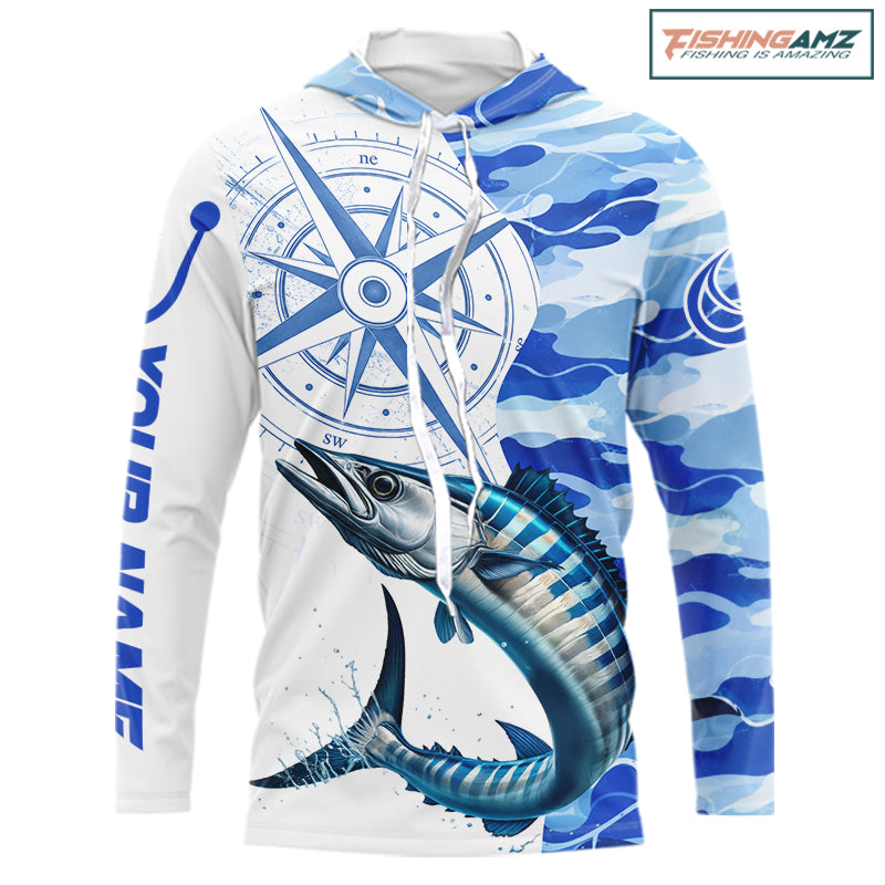Custom BLue Camo Saltwater Wahoo Fishing Shirts Long Sleeve, Offshore Fishing Shirt NBT796