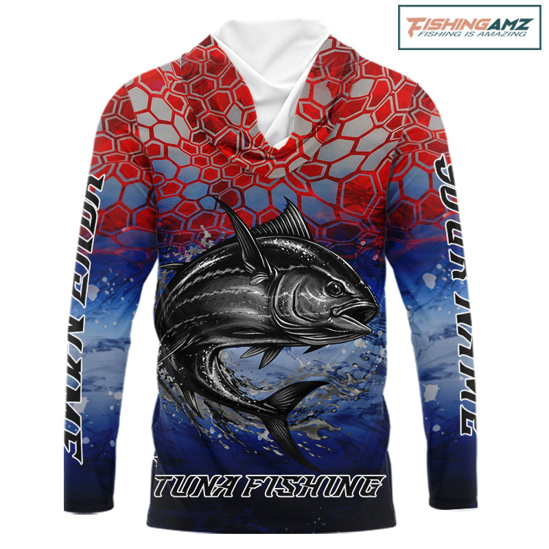 Custom Red Blue Tuna Fishing Long Sleeve Hooded Fishing Shirts, Saltwater Offshore Fishing Shirts NBT399