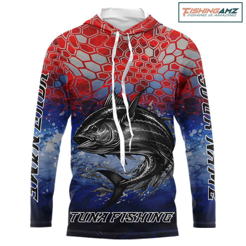 Custom Red Blue Tuna Fishing Long Sleeve Hooded Fishing Shirts, Saltwater Offshore Fishing Shirts NBT399