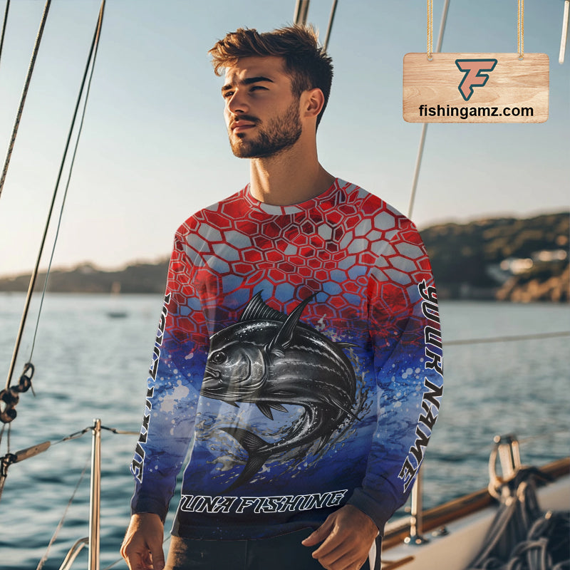 Custom Red Blue Tuna Fishing Long Sleeve Fishing Shirts, Saltwater Offshore Fishing Shirts NBT399