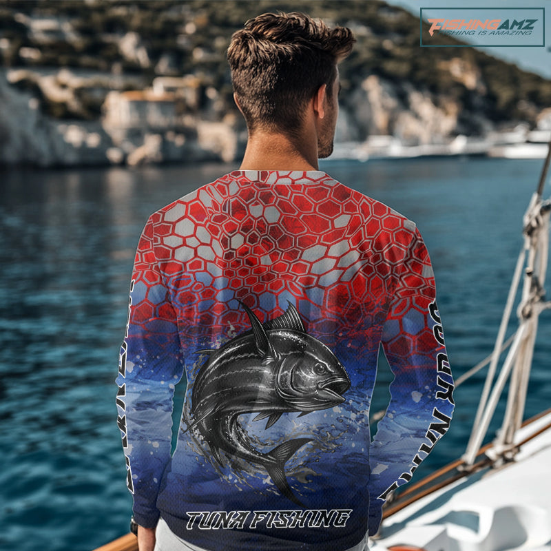 Custom Red Blue Tuna Fishing Long Sleeve Fishing Shirts, Saltwater Offshore Fishing Shirts NBT399