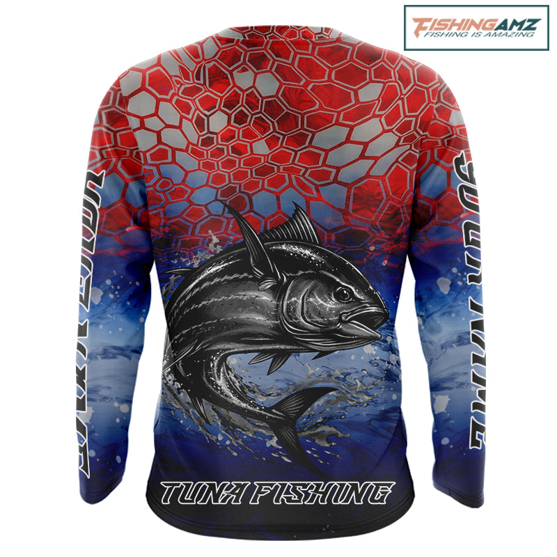 Custom Red Blue Tuna Fishing Long Sleeve Fishing Shirts, Saltwater Offshore Fishing Shirts NBT399