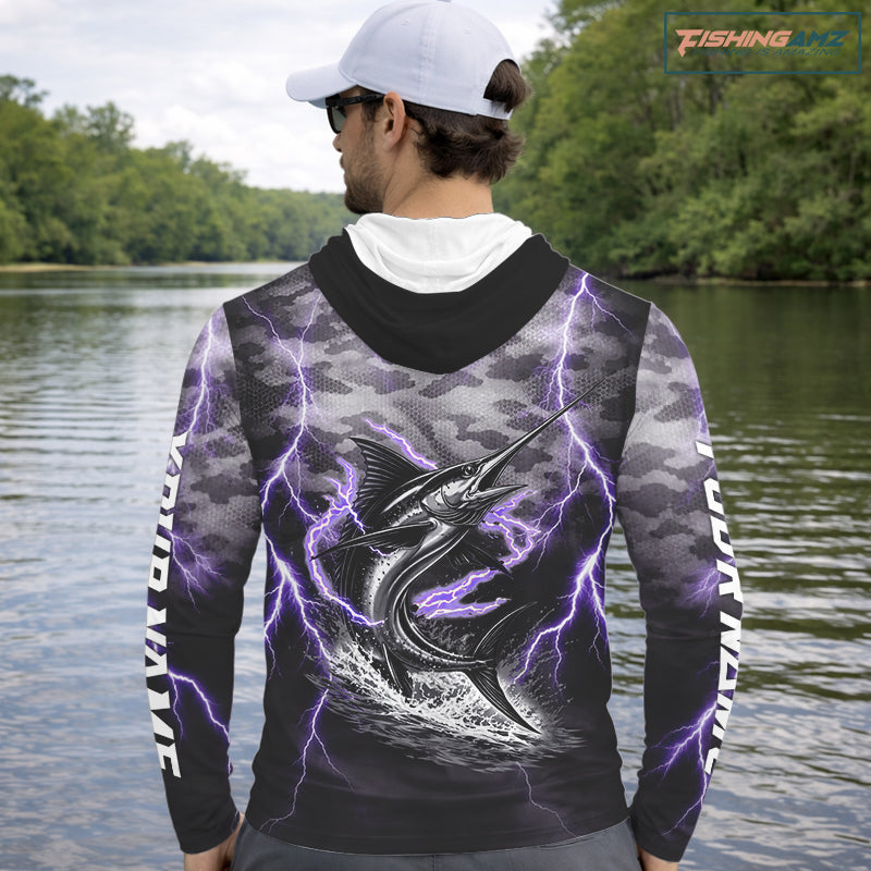 Thunder Lightning Swordfish Long Sleeve Hooded Fishing Shirts Black Camouflage, Saltwater Fishing Shirts NBT401