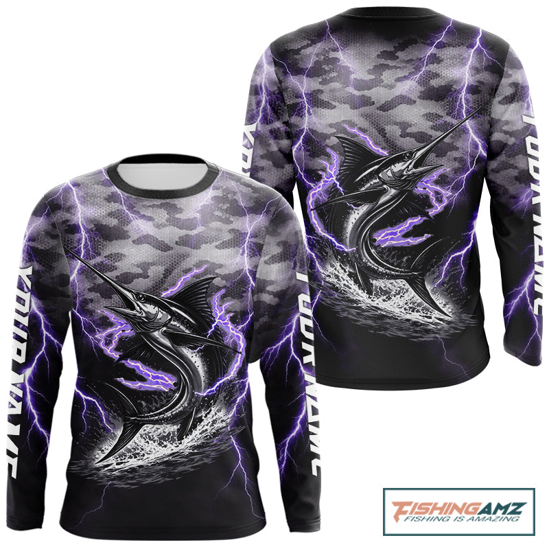 Thunder Lightning Swordfish Fishing Shirts Long Sleeve Black Camouflage, Saltwater Fishing Shirts NBT401