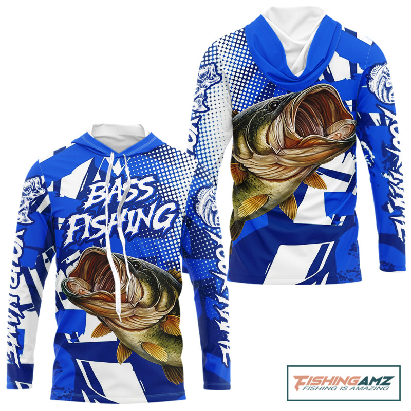 Blue Camo Largemouth Bass Fishing Shirts Long Sleeve, Bass Fishing Shirts For Men NBT442