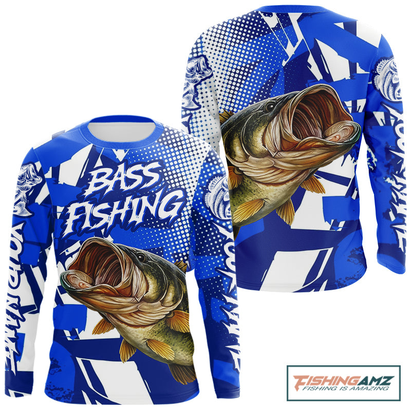 Blue Camo Largemouth Bass Fishing Shirts Long Sleeve, Bass Fishing Shirts For Men NBT442