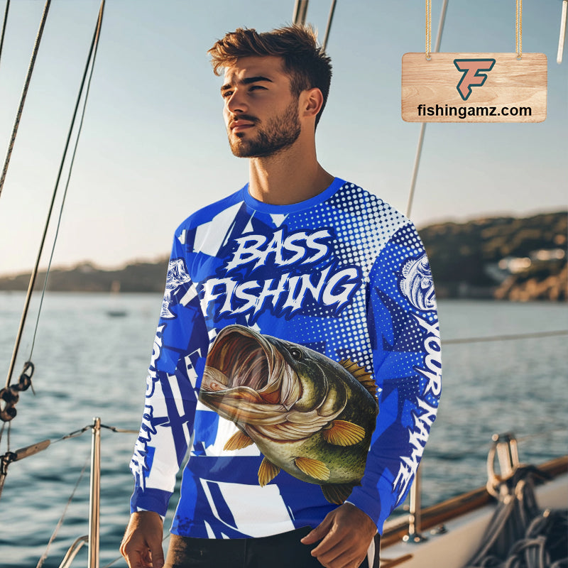 Blue Camo Largemouth Bass Fishing Shirts Long Sleeve, Bass Fishing Shirts For Men NBT442
