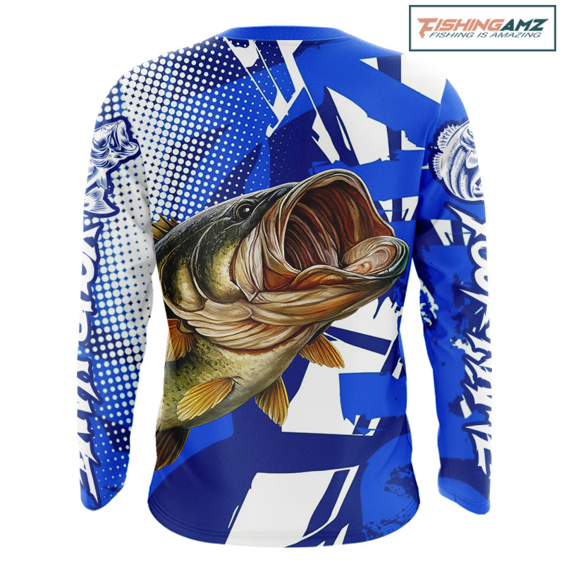 Blue Camo Largemouth Bass Fishing Shirts Long Sleeve, Bass Fishing Shirts For Men NBT442