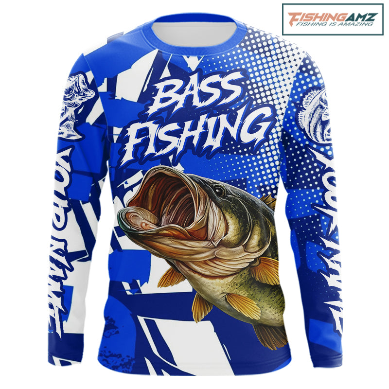Blue Camo Largemouth Bass Fishing Shirts Long Sleeve, Bass Fishing Shirts For Men NBT442