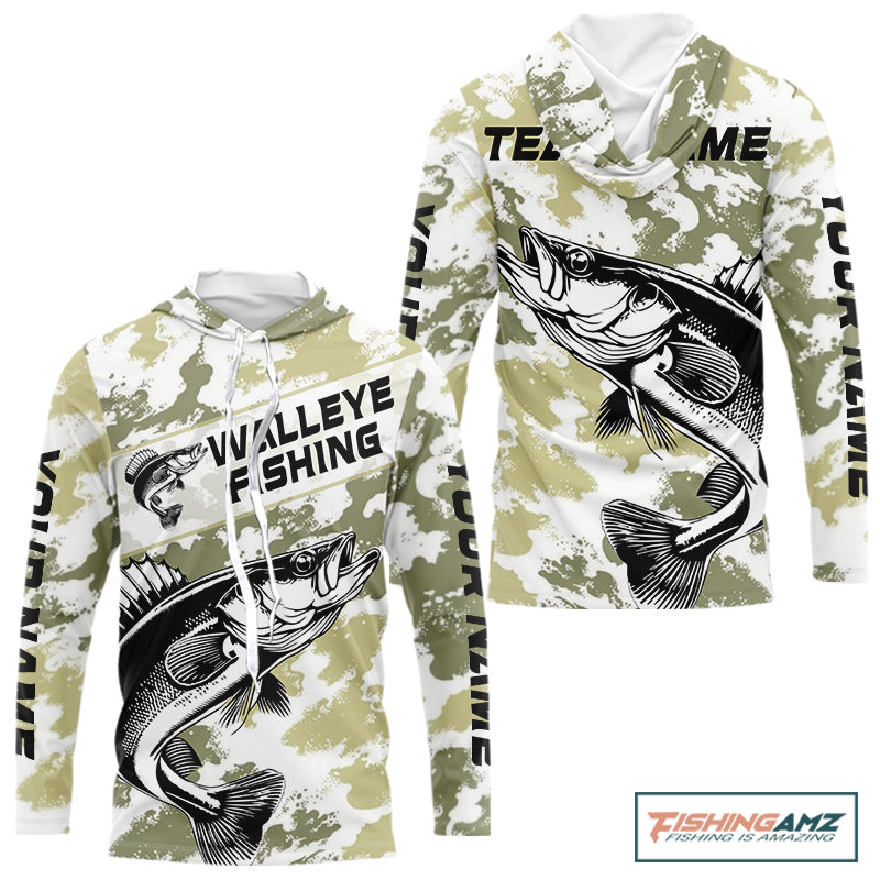 Custom Walleye Fishing Camo Long Sleeve Hooded Fishing Shirts, Personalized Walleye Fishing Team Jerseys NBT697