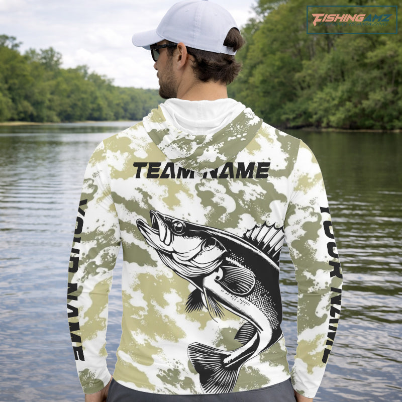 Custom Walleye Fishing Camo Long Sleeve Hooded Fishing Shirts, Personalized Walleye Fishing Team Jerseys NBT697
