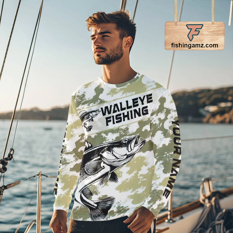 Custom Walleye Fishing Camo Long Sleeve Fishing Shirts, Personalized Walleye Fishing Team Jerseys NBT697
