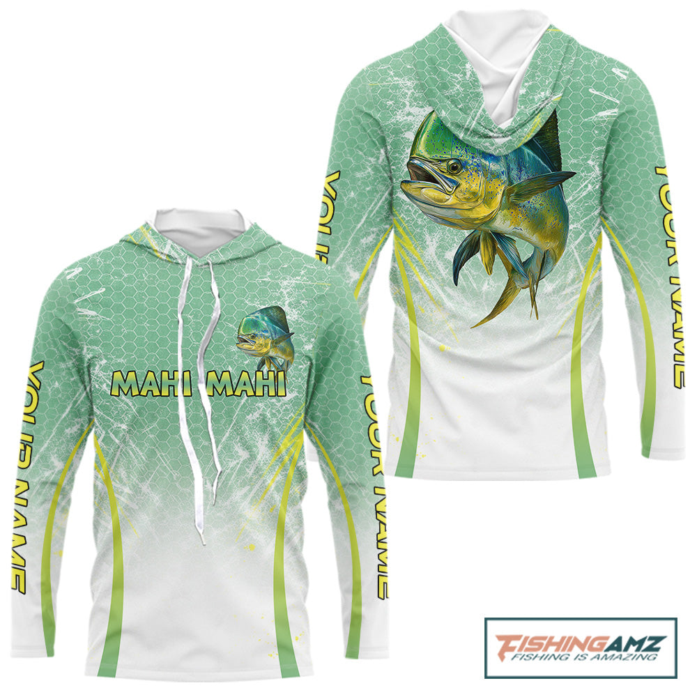 Mahi Mahi Fishing Shirts Long Sleeve Hooded Green Camo, Saltwater Fishing Shirts For Men NBT405