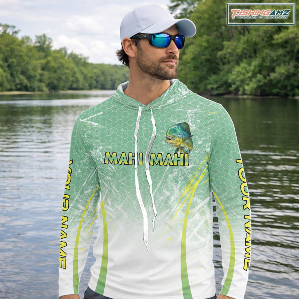 Mahi Mahi Fishing Shirts Long Sleeve Hooded Green Camo, Saltwater Fishing Shirts For Men NBT405