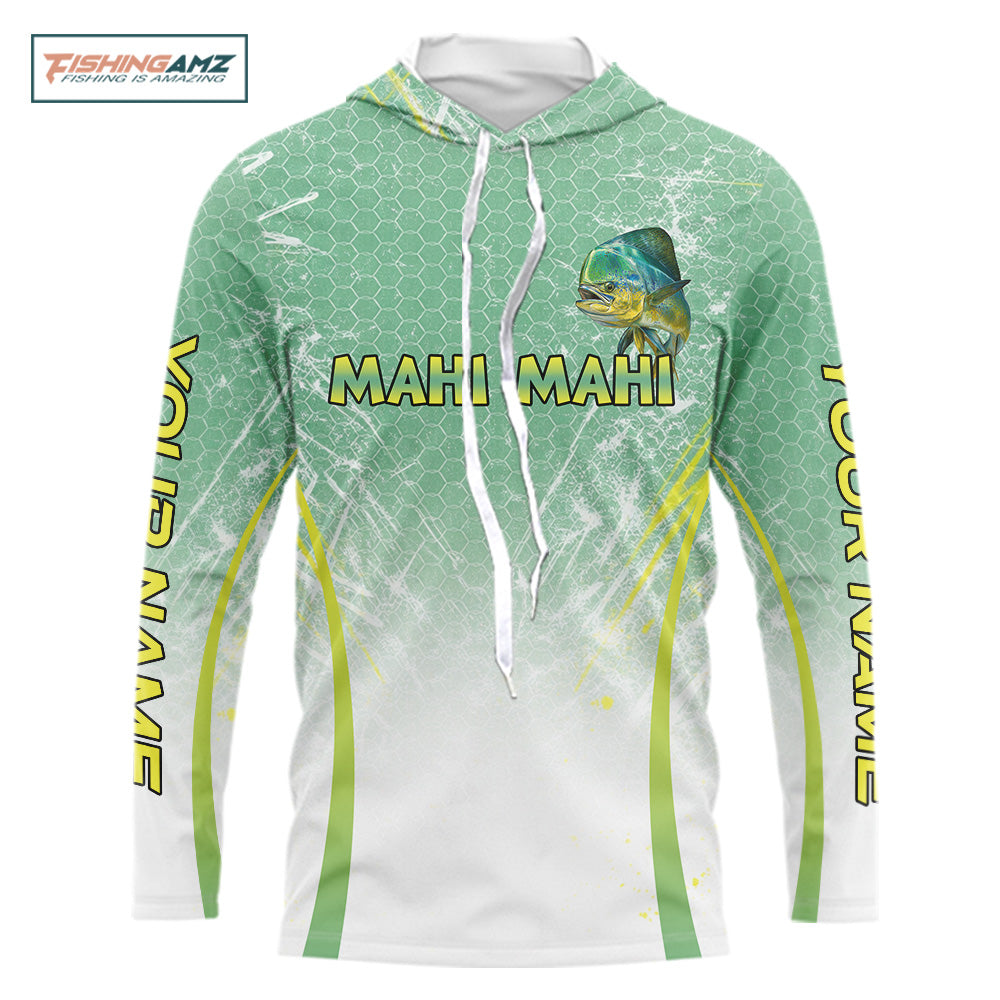 Mahi Mahi Fishing Shirts Long Sleeve Hooded Green Camo, Saltwater Fishing Shirts For Men NBT405