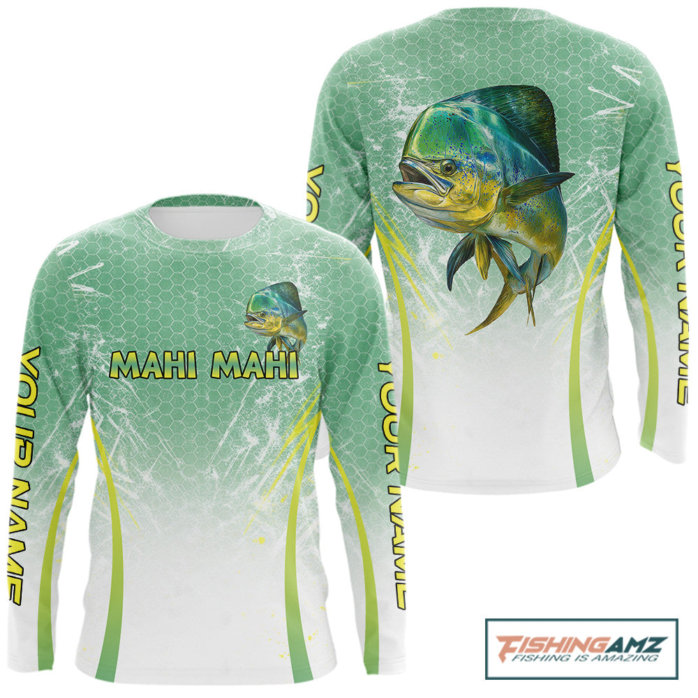 Mahi Mahi Fishing Shirts Long Sleeve Green Camo, Saltwater Fishing Shirts For Men NBT405