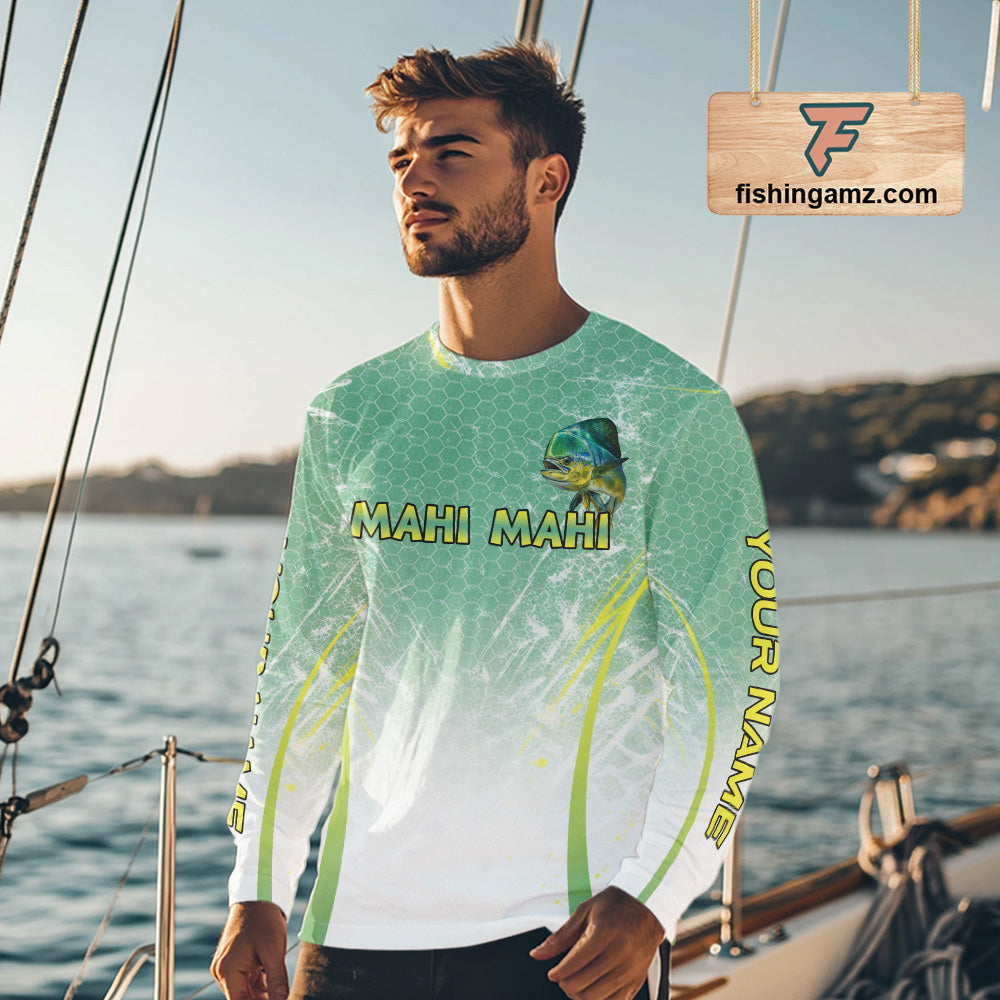 Mahi Mahi Fishing Shirts Long Sleeve Green Camo, Saltwater Fishing Shirts For Men NBT405