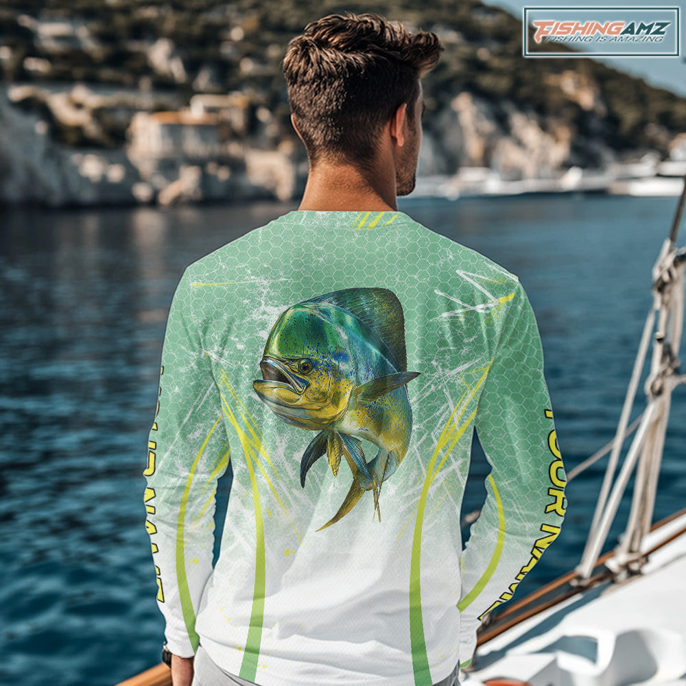 Mahi Mahi Fishing Shirts Long Sleeve Green Camo, Saltwater Fishing Shirts For Men NBT405
