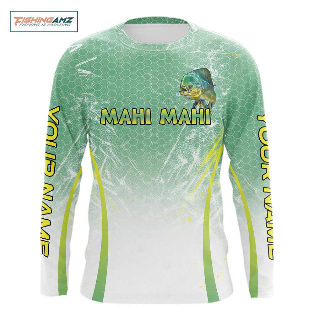 Mahi Mahi Fishing Shirts Long Sleeve Green Camo, Saltwater Fishing Shirts For Men NBT405