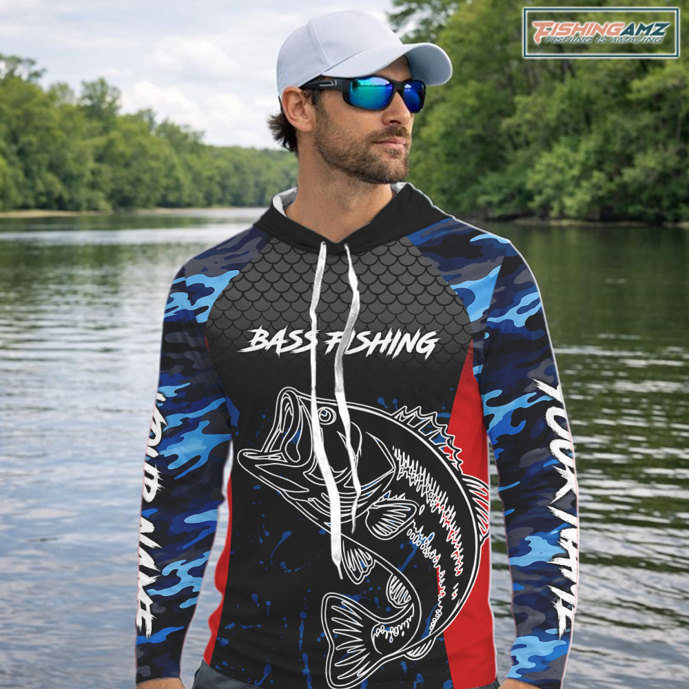 Blue Camouflage Bass Fishing Shirt with Hood Custom Name, Bass Performance Fishing Jerseys NBT363