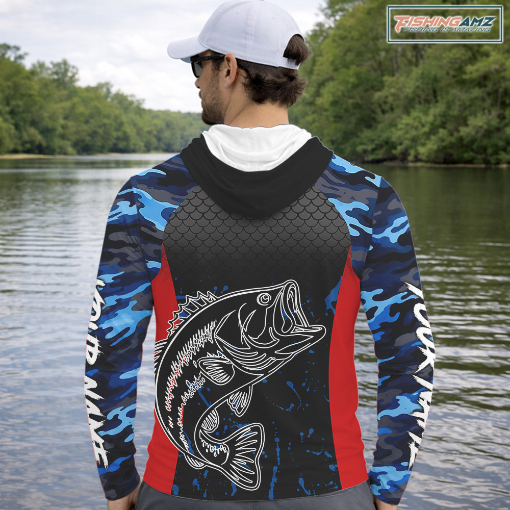 Blue Camouflage Bass Fishing Shirt with Hood Custom Name, Bass Performance Fishing Jerseys NBT363
