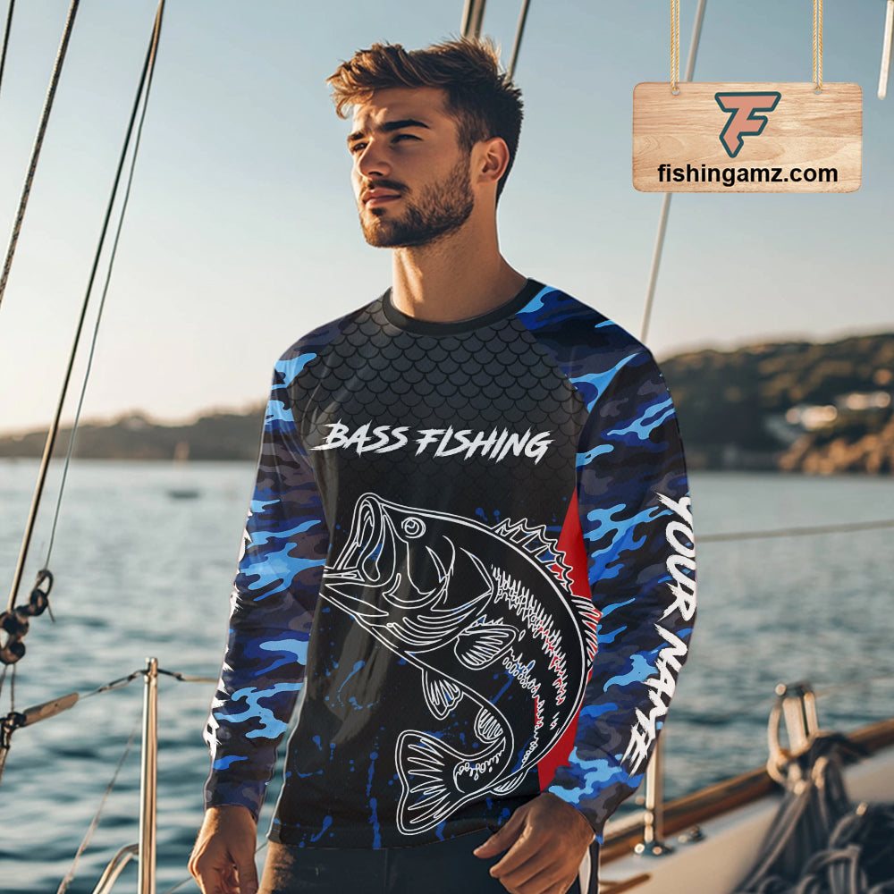 Bass Fishing Shirts Long Sleeve Blue Camouflage Fish Scale Custom Name Tournament Bass Fishing Shirts NBT363