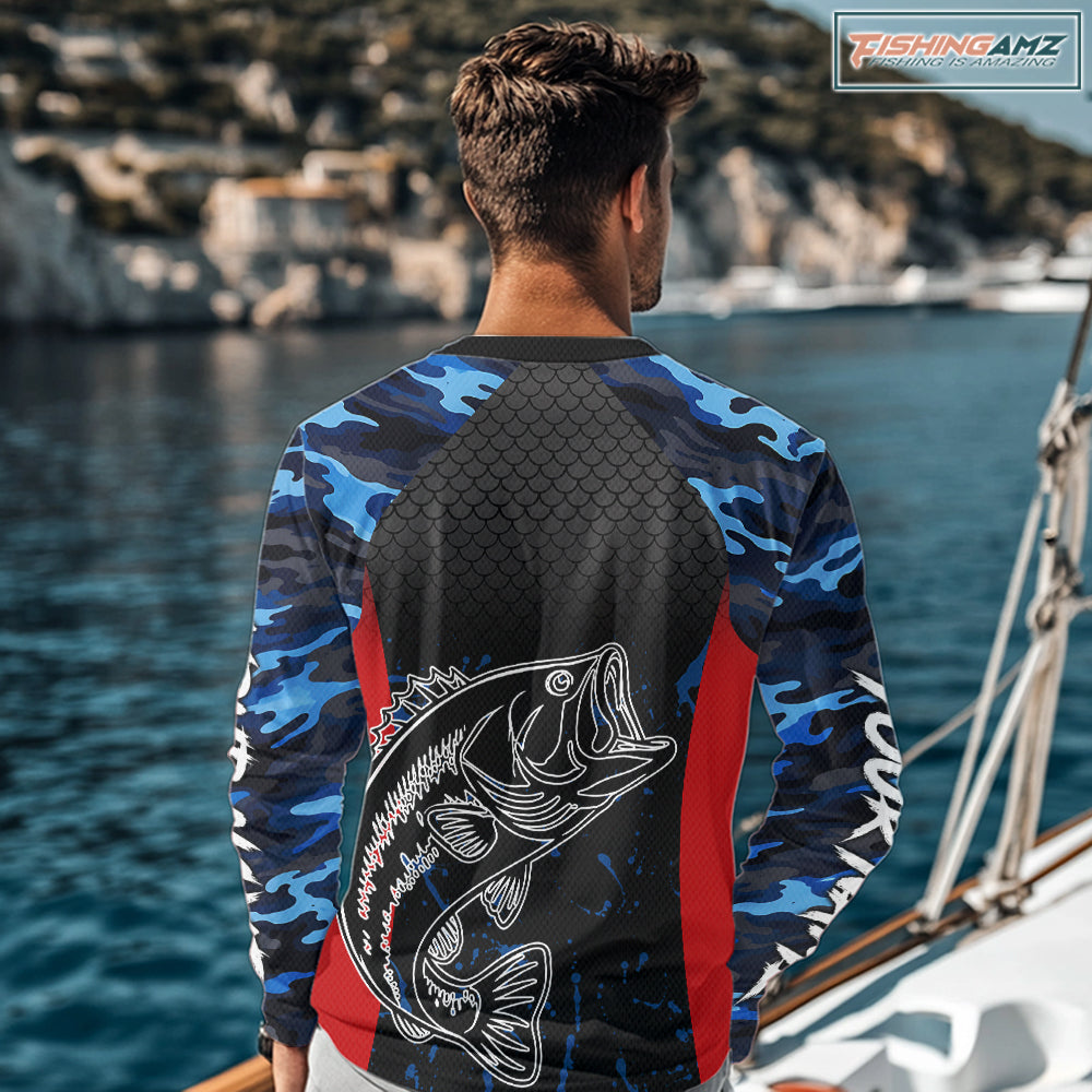 Bass Fishing Shirts Long Sleeve Blue Camouflage Fish Scale Custom Name Tournament Bass Fishing Shirts NBT363