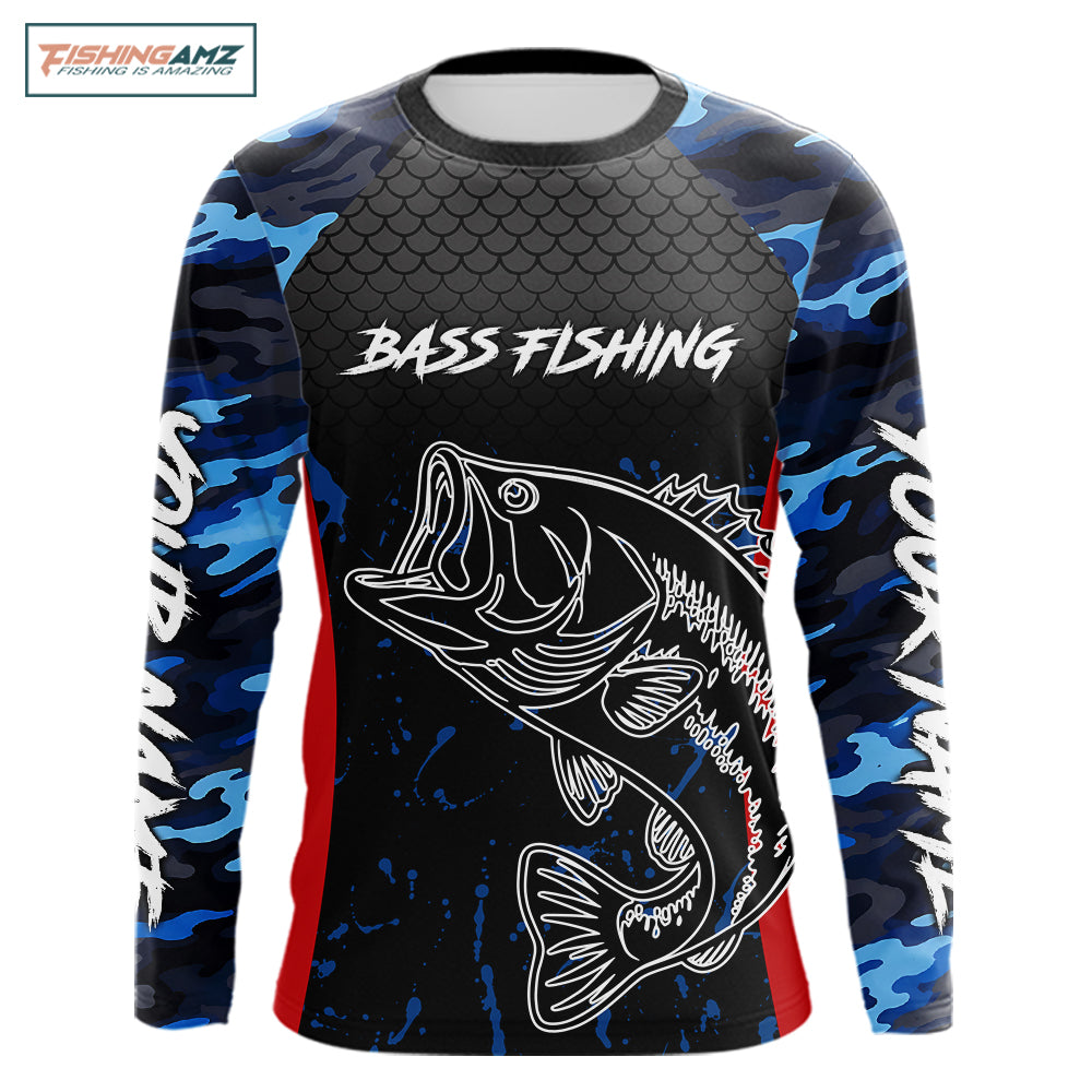 Bass Fishing Shirts Long Sleeve Blue Camouflage Fish Scale Custom Name Tournament Bass Fishing Shirts NBT363